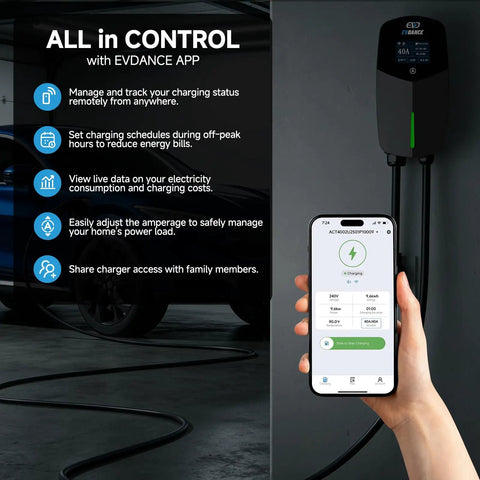 High Performance Level 2 EV Charger 40 Amp 9.6 KW Fast Charge 240 Volt NEMA 14-50 Plug J1772 Standard with mobile app control.