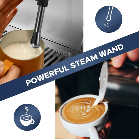 Top Tier Espresso Machine With Built In Conical Burr Grinder And High Output Milk Frother Boasting 15 Bar Pressure Digital Display and Solid Stainless Frame, creating steamed milk.