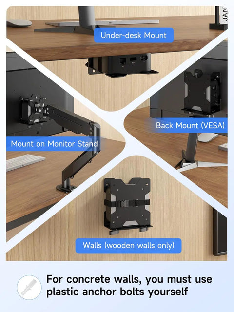 Boss Grade Adjustable Mini Pc Mount Bracket Vesa Under Desk And Monitor Arm Computer Holder Hella Secure Quick Swap Design For Nuc Chromebox Mac Mini And Thin Clients 2 Pack displayed in various mounting positions under desk and on monitor stand.