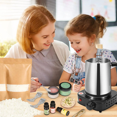 Mother and daughter using All In One Candle Making Kit For Adults DIY Starter Set with soy wax, pot, scents, and accessories