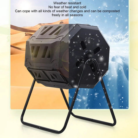Outdoor 160L Rotating Compost Tumbler Bin For Garden And Yard Waste, shown on a sturdy frame in a weather-resistant setting.