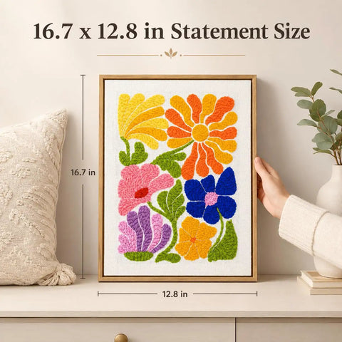 Punch Needle Kit With 16 Inch Wood Frame For Beginners Create Handmade Wall Art That Mounts Right Away Ready To Hang Framed DIY Craft Set For Home Decor On Your Wall, showing colorful floral punch needle art in wooden frame on table with dimensions.