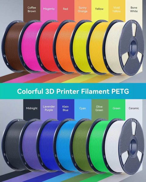 Colorful PETG filament spools for 3D printing in various colors including brown, magenta, red, and blue, displayed in rows.