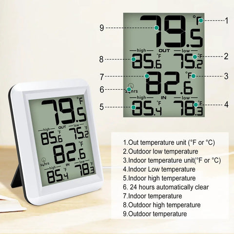Digital Indoor Outdoor Thermometer With Wired Probe All In One Temperature Monitor For Home Office Greenhouse Aquarium Refrigerator Freezer Min Max Recording LCD Display Celsius Fahrenheit Switch, white LCD display