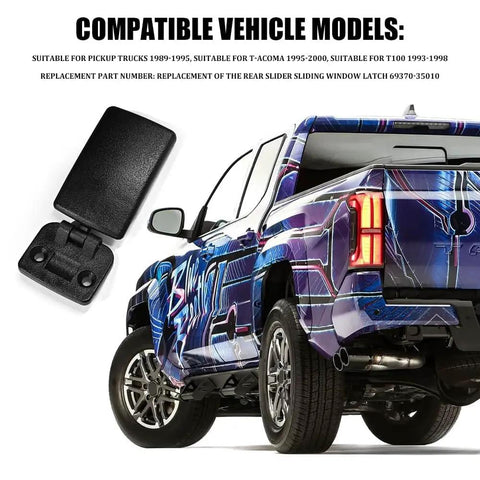Rear Sliding Window Lock Latch Replacement For Toyota Tacoma 1989 To 1995 And 1995 To 2000 OE Style Lock 69370-35010 shown with truck
