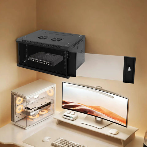 Premium Grade 6U Wall Mount Server Cabinet With Lockable Glass Door Heavy Duty Network Rack for routers and switches in office setup.