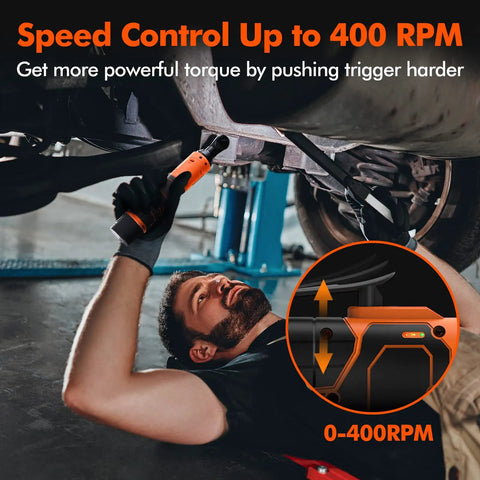 Three Eighths Inch Orange Electric Ratchet Wrench Set With 16.8V Power, 45 Foot Pounds Torque, 400 RPM, Dual Batteries, Fast Charger, Nylon Storage Bag, And Eight Removable Sockets For Home Garage
