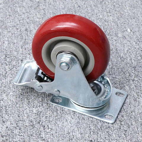 2pcs Dual Bearing Swivel Caster Wheels Red with Brake for Furniture, close-up of the red wheel and metal frame.