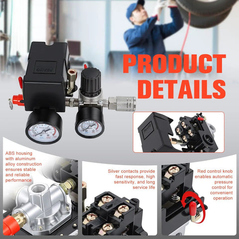 Pressure Switch Kit For Air Compressors With Four Port Gauge Auto On At Ninety Five PSI And Auto Off At One Hundred Twenty Five PSI Easy Read Gauge Quick Install One Quarter Inch NPT Thread Ideal For Home Shop DIYers showing front view with attached gauge and red knob.