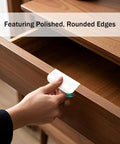 6 Pack Adhesive Edge Pulls for Cabinets and Drawers, showing installation on wooden drawer with matte white finish