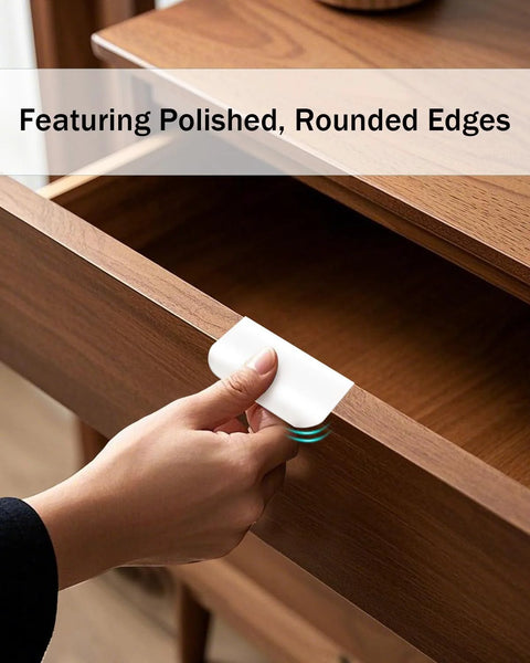 6 Pack Adhesive Edge Pulls for Cabinets and Drawers, showing installation on wooden drawer with matte white finish