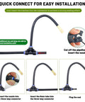 Installation steps for 360 Degree Adjustable Drip Irrigation System with 50 Ft Tubing and 16 Nozzles, showing connector assembly.