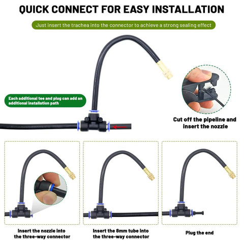 Quick connect for 360 Degree Adjustable Drip Irrigation System Kit With 50 Ft Of 5/16 Inch Tubing, installation steps.