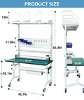 Solid Ecommerce Packing Table And Mobile Shipping Station With Built In Power And Led Lights, Ergonomic Standing Workbench Featuring ESD Safe Surface, dimensions and features displayed.