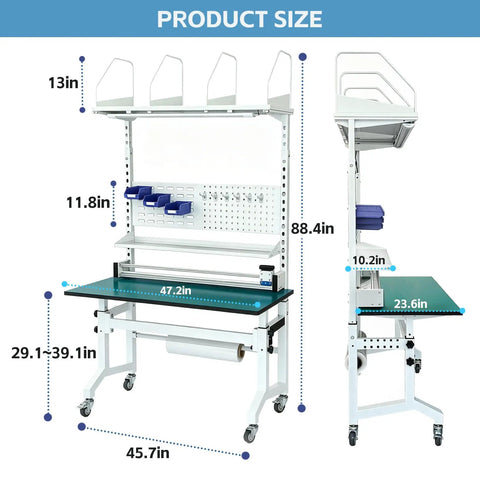 Solid Ecommerce Packing Table And Mobile Shipping Station With Built In Power And Led Lights, Ergonomic Standing Workbench Featuring ESD Safe Surface, dimensions and features displayed.