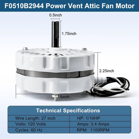 Attic Power Vent Motor Replacement Kit For Lomanco Lomancool 2000 And 1800 Series with dimensions and specs shown