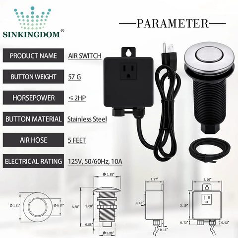 Sink Top Air Switch Kit For Garbage Disposal With Long Button Brushed Nickel Finish Stainless Steel Button Cover diagram