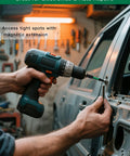 Person using a power drill with All In One Magnetic Drill Bit Set For Impact Drivers, 10 Piece S2 Steel Bits, installing a car panel.