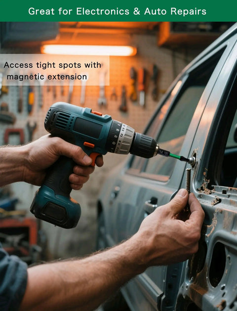 Person using a power drill with All In One Magnetic Drill Bit Set For Impact Drivers, 10 Piece S2 Steel Bits, installing a car panel.