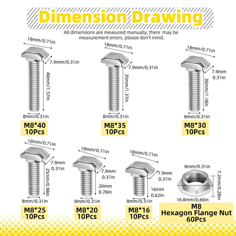 Dimension drawing of 40 Series M8 T Slot Drop In Bolts Set With Hammer Head Pro Grade M8x16mm to M8x40mm and flange nut for aluminum extrusion.