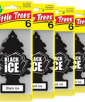 Front view of four Little Trees car air fresheners, Black Ice scent, hanging tree air fresheners in yellow packaging