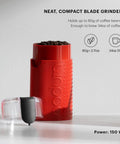 Snag This Sleek Electric Blade Coffee Grinder Featuring Durable Stainless Steel Blades Easy Push Button Control Crystal Clear Lid And Secure Cord Storage For Premium Daily Grinding In Bold Red with coffee beans.
