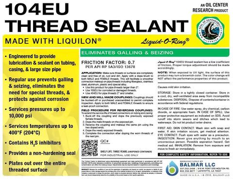 104EU Big Ol Thread Sealant For Large Threaded Connections Safe On Plastic And Metal High Pressure Water Repellent Sealant Made In The USA 5 Oz Brush Top Can label with product details and usage instructions.