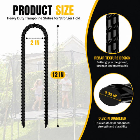 Heavy Duty Trampoline Stakes Anchors 12 Inch Ground Anchors With T Hook 8 Pack, featuring size and design details.