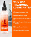 Bottle of Silicone Treadmill Belt Lubricant 8 Oz Total With 2 Long Nozzle Tubes displayed on a table with treadmill benefits list
