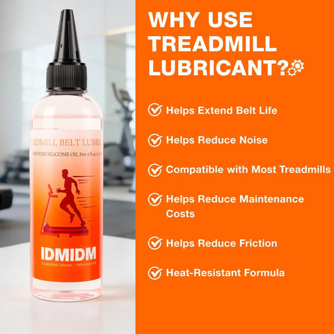 Bottle of Silicone Treadmill Belt Lubricant 8 Oz Total With 2 Long Nozzle Tubes displayed on a table with treadmill benefits list