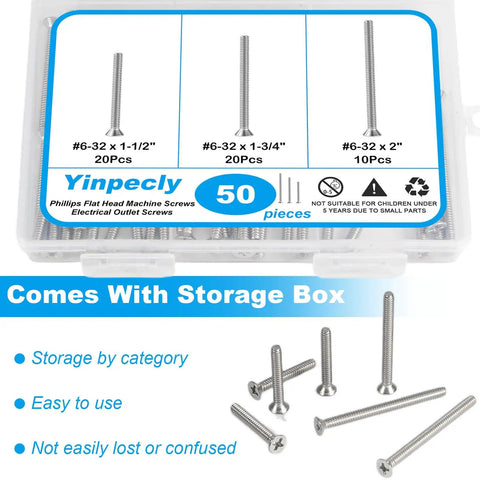 Top Notch 50 Piece 6 32 Machine Screw Knockout Pack With One Half Two Or One Three Quarter Inch Sizes For Outlet Box Mounting And Hardcore Diy Home Improvement Projects in clear storage box.