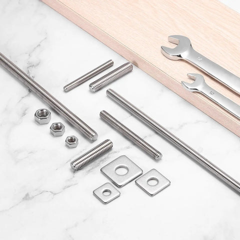 Two Pack 304 Stainless Steel Fully Threaded Rods with Square Washers for Furniture Mounting and Assembly Right Hand Threads