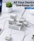 Chill And Charge While This Rock Solid Six Foot Surge Protector Power Strip Handles Twelve AC Outlets And Six Fast USB Ports For Laptops Phones And Daily Tech.