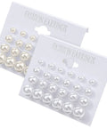 24 Pairs Pearl Stud Earrings Set For Women White And Beige Faux Pearl Studs In Four Sizes 4mm 6mm 8mm 10mm Round Ball Design Ideal For Everyday Wear Gift Idea. White and beige faux pearl stud earrings on display cards