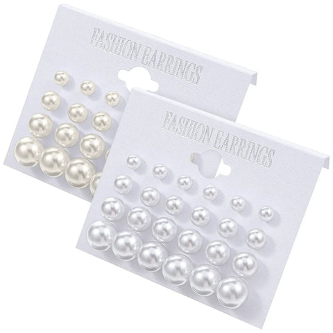 24 Pairs Pearl Stud Earrings Set For Women White And Beige Faux Pearl Studs In Four Sizes 4mm 6mm 8mm 10mm Round Ball Design Ideal For Everyday Wear Gift Idea. White and beige faux pearl stud earrings on display cards