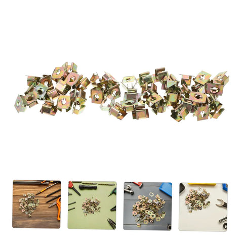 Heavy Duty Golden U Nut Fasteners For Truck And Rig 50 Pack showcased in a pile, highlighting their metallic sheen and design.