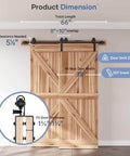 5.5 Foot Bypass Double Sliding Barn Door Hardware Kit With Single Track For 38 Inch Doors, Smooth As Butter Rollers, shown with barn door dimensions.