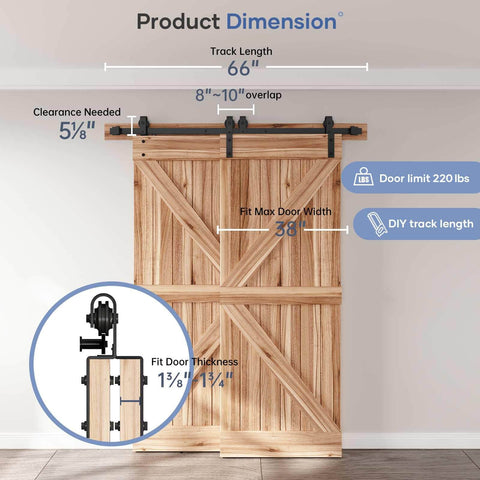 5.5 Foot Bypass Double Sliding Barn Door Hardware Kit With Single Track For 38 Inch Doors, Smooth As Butter Rollers, shown with barn door dimensions.