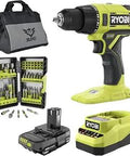Cordless One Half Inch Drill Driver Kit With 70 Piece Drill Bit Set 18V Lithium Battery Charger And Sturdy Tool Bag displayed