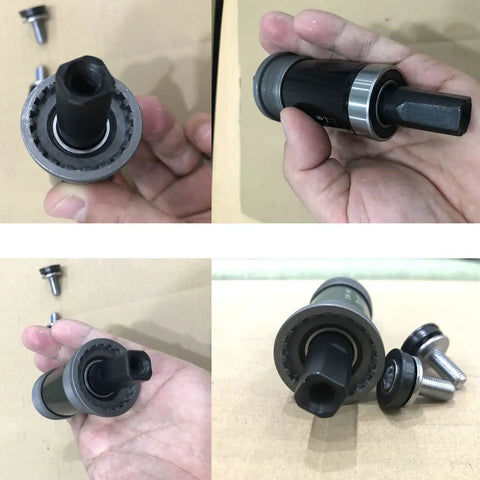 Square Taper Bottom Bracket Set For Mountain And Road Bikes, Pro Grade Aluminum Sealed Bearing BB With Boron Spindle, 68x120mm, Black Finish, Includes Cups And Waterproof Screws shown in detail with components.