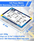 Assorted Stainless Steel Hex Nuts Kit M3 M4 M5 M6 M8 M10 M12 145 Pieces 304 Stainless Steel Hardware Set in packaging