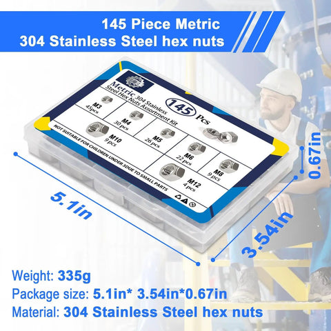 Assorted Stainless Steel Hex Nuts Kit M3 M4 M5 M6 M8 M10 M12 145 Pieces 304 Stainless Steel Hardware Set in packaging