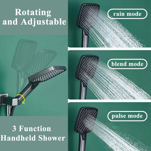 Thermostatic Shower System, Shower Valves with Shower Head and Handheld, Wall-Mounted Shower Faucet Set Adjustable Hot and Cold Rain Shower System Bathtub Faucet with 180° Swivel, Brushed Gold showing 3 function handheld shower.