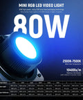 RGBWW LED Video Light With 72Wh Battery And 100W PD Fast Charging, 80W Mini RGB COB, Bowens Mount, 2500K-7500K, 10400 Lux