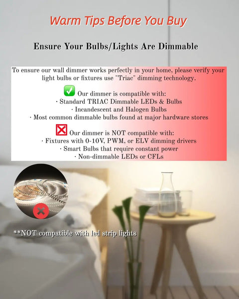 Compatibility guide for Wireless Dimmer Switch Kit With Remote Receiver For Alexa Voice Control, showing dimmable bulb types