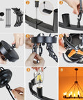 31.5 Inch Wagon Wheel Chandelier With 12 Lights Black Industrial Rustic Farmhouse Ceiling Fixture being assembled and lit