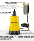 Image of Cordless Submersible Water Transfer Pump With 17 GPM Flow, yellow, compatible with Dewalt 20V Max, with power cable