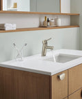 Concetto Single Hole Bathroom Faucet With Single Handle S Size Brushed Nickel 1.2 GPM EcoJoy Water Saving installed on vanity