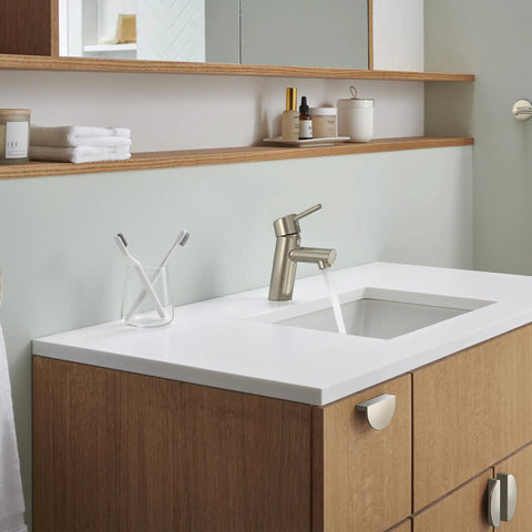 Concetto Single Hole Bathroom Faucet With Single Handle S Size Brushed Nickel 1.2 GPM EcoJoy Water Saving installed on vanity