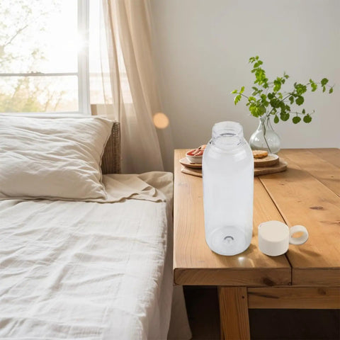 Leakproof Sports Water Bottle With Handle For On The Go Hydration, BPA Free 650ml Travel Flask on wooden table near bed
